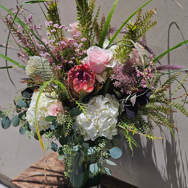 Protea, Hydrangea, Pink Roses, Boho Arrangement