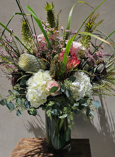 Protea, Hydrangea, Pink Roses, Boho Arrangement