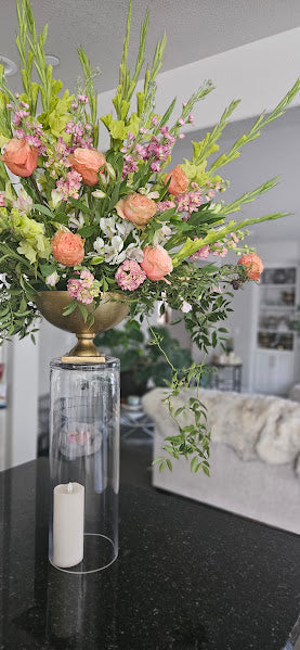 Roses and Gladiolus in Brass Urn